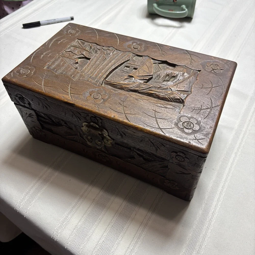Ornate Asian Vintage / Antique Carved Wooden Chinese Chest / Box